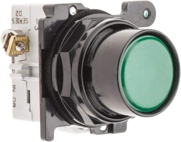 Eaton Cutler-Hammer - 30-1/2mm Mount Hole, Flush, Pushbutton Switch with Contact Block - Round, Green Pushbutton, Nonilluminated, Momentary (MO), Corrosion Resistant, Oiltight and Watertight - USA Tool & Supply