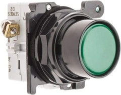 Eaton Cutler-Hammer - 30-1/2mm Mount Hole, Flush, Pushbutton Switch with Contact Block - Round, Green Pushbutton, Nonilluminated, Momentary (MO), Corrosion Resistant, Oiltight and Watertight - USA Tool & Supply