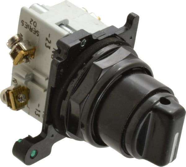 Eaton Cutler-Hammer - 30-1/2mm Mount Hole, 3 Position, Knob Operated, Selector Switch with Contact Blocks - Black, Maintained (MA), NO/NC - USA Tool & Supply