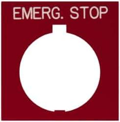Eaton Cutler-Hammer - Square, Legend Plate - Emergency Stop - Red Background, 30-1/2mm Hole Diameter, 1.77 Inch Square - USA Tool & Supply