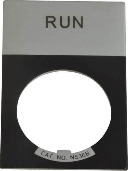 Eaton Cutler-Hammer - Rectangular, Aluminum Legend Plate - Run - Silver Background, Black Letters, 22-1/2mm Hole Diameter, 1.17 Inch Wide x 1.77 Inch High - USA Tool & Supply
