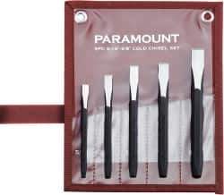 Paramount - 5 Piece Cold Chisel Set - 5-1/8, 5-3/8, 5-9/16, 6 & 6-3/4" OAL, Sizes Included 5/16 to 5/8" - USA Tool & Supply