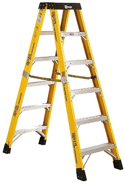 Made in USA - 5 Steps, 12 Ft. High, Type IAA Rating, Fiberglass Step Ladder - USA Tool & Supply