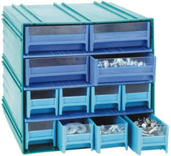 Quantum Storage - 14 Drawer, Gray, High Impact Styrene, Interlocking Storage Cabinet with Drawers - 11-3/4" Wide x 11-3/8" Deep x 11-1/8" High Body, (12) 2-3/4, (2) 5-5/8" Wide x 11" Deep x 2-1/2" High Drawers - USA Tool & Supply