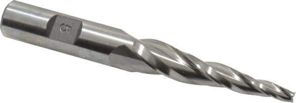 Made in USA - 5° Taper Angle per Side, 5/32" Small End Diam, 2" LOC, High Speed Steel 3 Flute Tapered Square End Mill - 3-7/8" OAL, 1/2" Shank Diam, Spiral Flute - USA Tool & Supply