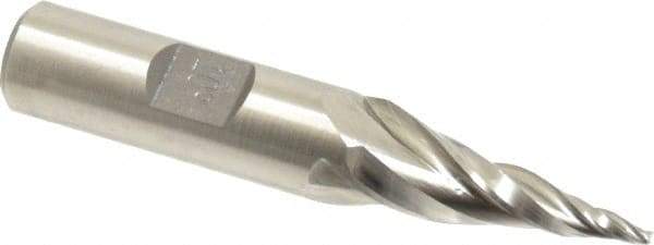 Made in USA - 10° Taper Angle per Side, 1/16" Small End Diam, 1" LOC, High Speed Steel 3 Flute Tapered Square End Mill - 2-7/8" OAL, 1/2" Shank Diam, Spiral Flute - USA Tool & Supply