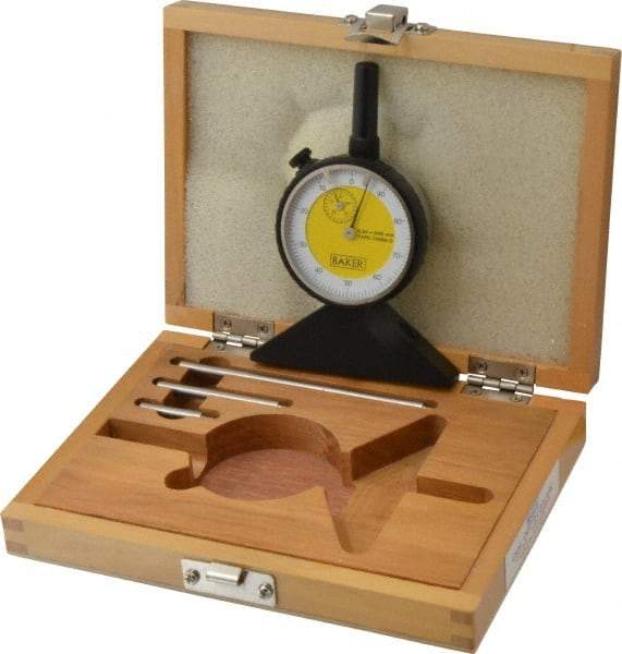 Value Collection - 0 to 200 mm Range, White Dial Depth Gage - 0.01 mm Graduation, 0.05 mm Accuracy, 10 mm Travel, 3-1/8 Inch Base Measuring Length - USA Tool & Supply