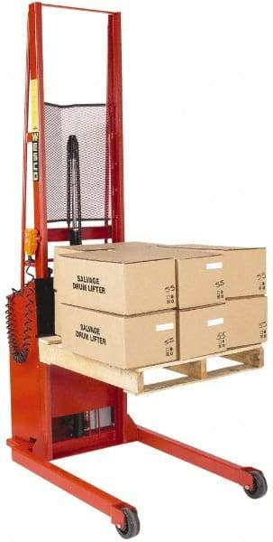 Wesco Industrial Products - 1,000 Lb Capacity, 76" Lift Height, Battery Powered Stacker - 3/4" Lowered Height, 18" Load Center, 30" Fork Length, 32" Overall Width - USA Tool & Supply