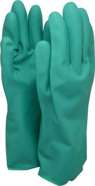 PRO-SAFE - Size 2XL (11), 13" Long, 15 mil Thick, Nitrile Chemical Resistant Gloves - Textured Finish, Cotton Lined, Safety Cuff, ANSI Abrasion Level 4, ANSI Cut Level 0, ANSI Puncture Level 1, Green, FDA Approved - USA Tool & Supply