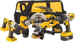 DeWALT - 17 Piece 18 Volt Cordless Tool Combination Kit - Includes 1/4" Impact Driver, 6-1/2" Circular Saw, Cut-Off Tool, Reciprocating Saw, 1/2" Hammer Drill, Battery Included - USA Tool & Supply