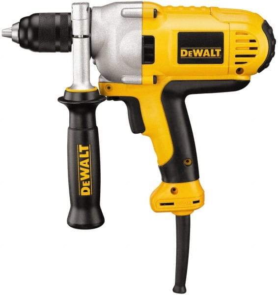 DeWALT - 1/2" Keyless Chuck, 0 to 1,250 RPM, Mid-Handle Grip Electric Drill - 10 Amps, Reversible, Includes 360° Locking Side Handle with Soft Grip - USA Tool & Supply