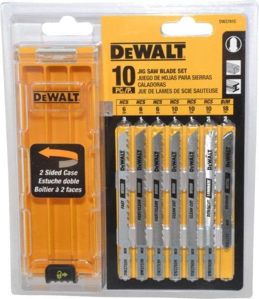 DeWALT - 10 Piece, 3" to 4" Long, 6 to 18 Teeth per Inch, Bi-Metal and High Carbon Steel Jig Saw Blade Set - T-Shank - USA Tool & Supply