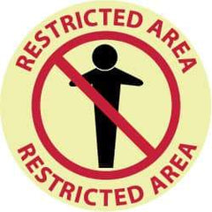 NMC - Restricted Area - Restricted Area, Anti-Skid Polyester Floor Sign - Round, Red & Black on Yellow (Glow), Adhesive Backed, For Security & Admittance - USA Tool & Supply