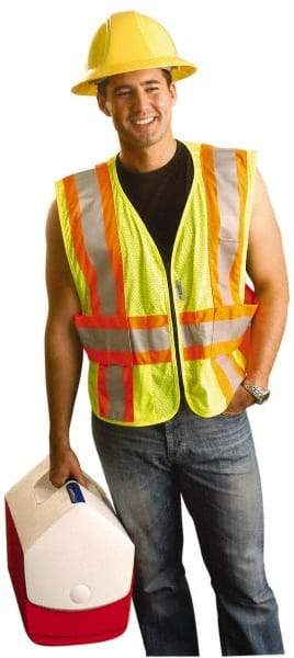 OccuNomix - Size XL/2XL High Visibility Yellow Mesh Expandable Vest - 50 to 56" Chest, ANSI 107-2015, Zipper Closure, 3 Pockets, Polyester - USA Tool & Supply