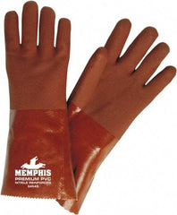 MCR Safety - Size L (9), 14" Long, 28 mil Thick, Supported, PVC Chemical Resistant Gloves - Rough Finish, Fleece/Jersey Lined, Red - USA Tool & Supply