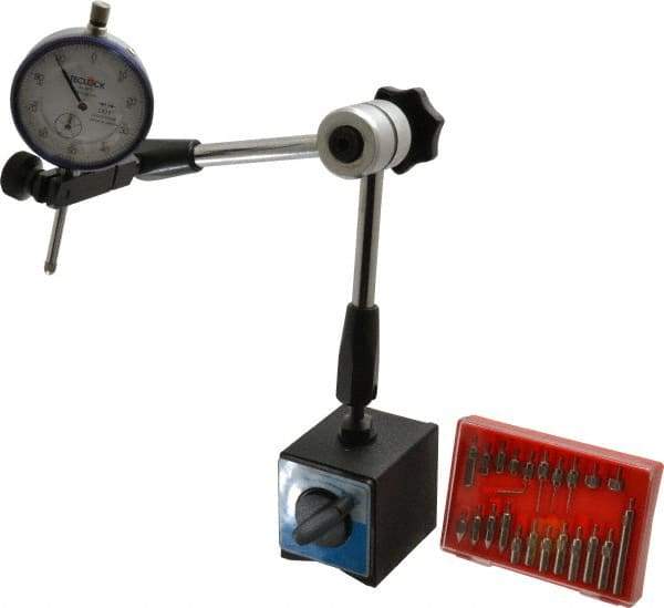 Teclock - 0.001" Graduation, 0-100 Dial Reading, Indicator & Base Kit - 2" Base Length x 2-1/4" Base Width x 2-1/4" Base Height - USA Tool & Supply