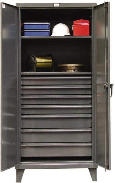 Strong Hold - 2 Shelf 7 Bin Locking Storage Cabinet - Steel, 36" Wide x 24" Deep x 78" High, Dark Gray - USA Tool & Supply