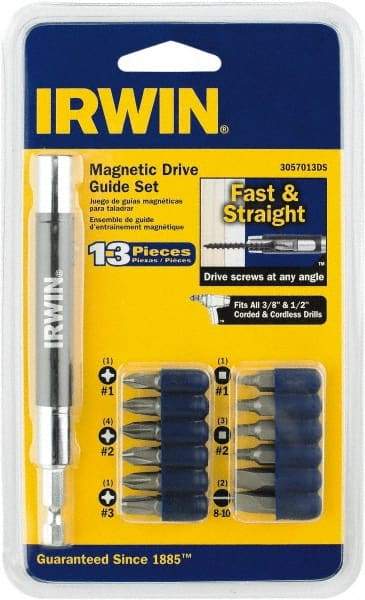 Irwin - 13 Piece, 1/4" Drive Screwdriver Drive Guide - #1 to #3 Phillips, 0.05 to 1/4" Hex, 1.27 to 10mm Hex, #1 & #2 Square Recess - USA Tool & Supply