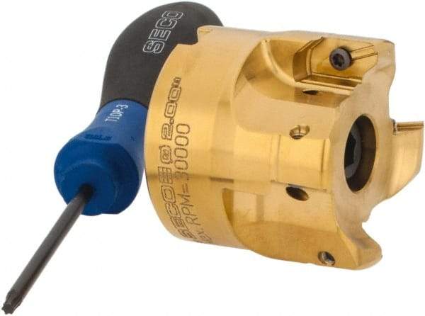 Seco - 2" Cut Diam, 0.295" Max Depth, 3/4" Arbor Hole, 4 Inserts, XPKX12 Insert Style, Indexable Copy Face Mill - R220.97-12 Cutter Style, 30,000 Max RPM, 1.77" High, Through Coolant, Series R220 - USA Tool & Supply