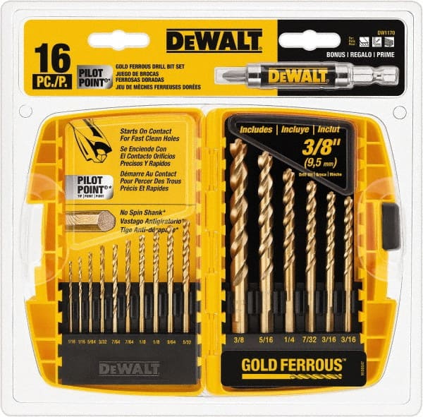 DeWALT - 1/16 to 3/8", 135° Point, Gold Ferrous Oxide Finish, High Speed Steel Maintenance Length Drill Bit Set - USA Tool & Supply