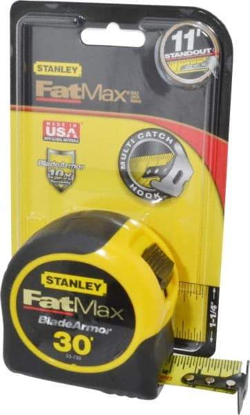 Stanley - 30' x 1-1/4" Yellow Blade Tape Measure - 1/16" Graduation, Inch Graduation Style, Yellow/Black Case - USA Tool & Supply