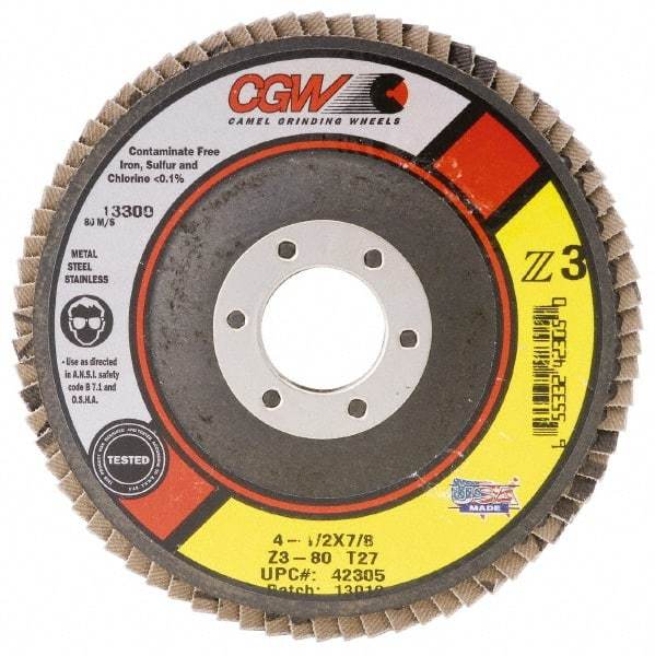 Camel Grinding Wheels - 80 Grit, 6" Disc Diam, 5/8-11 Center Hole, Type 27 Zirconia Alumina Flap Disc - 10,200 Max RPM, Poly Cotton Backing, Arbor Attaching System, Coated - USA Tool & Supply