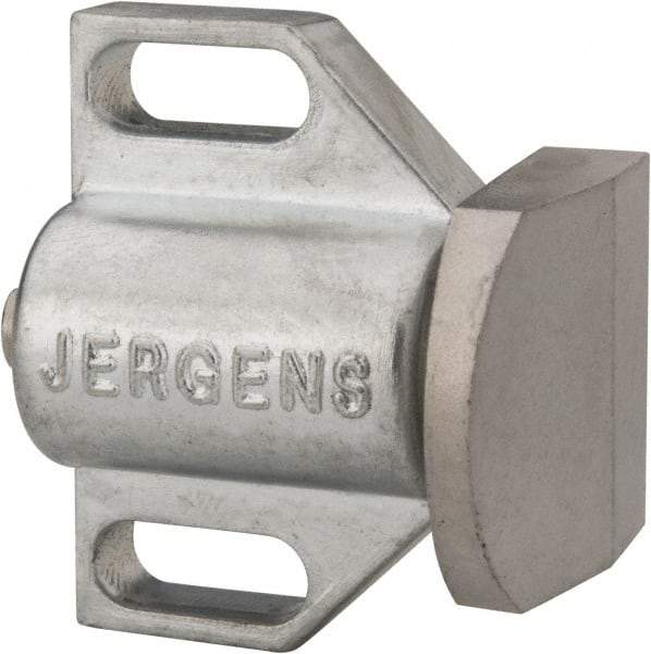 Jergens - 1-1/2" Body Width x 1" Body Len, 3/16" Stroke Len, 1-1/8" Btw Mt Hole Ctrs, Tangless Square Spring Locating Stop - 32 Lb Init End Force, 14 Lb Mid End Force, 32 Lb Final End Force, 1-1/8" Stop Head Width x 1-1/8" Stop Head Height - USA Tool & Supply