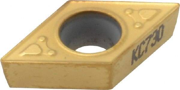 Kennametal - DCMT32.51 MF Grade KC730 Carbide Turning Insert - TiN Finish, 55° Diamond, 3/8" Inscr Circle, 5/32" Thick, 1/64" Corner Radius - USA Tool & Supply