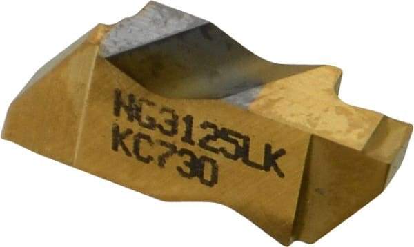Kennametal - 3125NG K Grade KC730, 3.18mm Cutting Width Carbide Grooving Insert - 3.81mm Max Depth of Cut, Left Hand, 0.19mm Corner Radius, TiN Finish - USA Tool & Supply