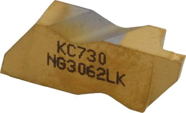 Kennametal - 3062NG K Grade KC730, 1.58mm Cutting Width Carbide Grooving Insert - 2.39mm Max Depth of Cut, Left Hand, 0.19mm Corner Radius, TiN Finish - USA Tool & Supply