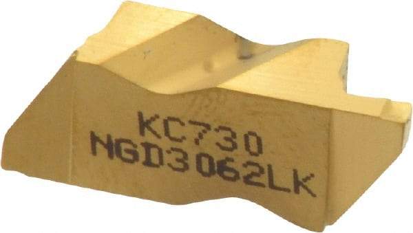 Kennametal - 3062NGD K Grade KC730, 1.58mm Cutting Width Carbide Grooving Insert - 3.18mm Max Depth of Cut, Left Hand, 0.19mm Corner Radius, TiN Finish - USA Tool & Supply