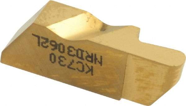 Kennametal - 3062NRD K Grade KC730, 3.18mm Cutting Width Carbide Grooving Insert - 6.35mm Max Depth of Cut, Left Hand, 1.59mm Corner Radius, TiN Finish - USA Tool & Supply