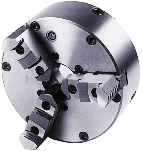 BTC - 3 Jaws, 8" Diam, Self Centering Manual Lathe Chuck - Plain Back Mount Spindle, Adjustable, Reversible, 3,100 Max RPM, 2.264" Through Hole Diam, Cast Iron - USA Tool & Supply