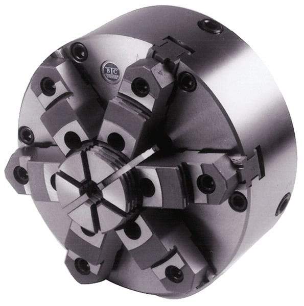 BTC - 6 Jaws, 10" Diam, Self Centering Manual Lathe Chuck - Plain Back Mount Spindle, Adjustable, Reversible, 1,900 Max RPM, 2.835" Through Hole Diam, Cast Iron - USA Tool & Supply