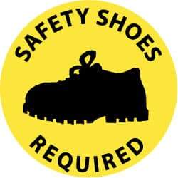 NMC - Safety Shoes Required, Anti-Skid Pressure-Sensitive Vinyl Floor Sign - Round, Black on Yellow, Adhesive Backed, For Accident Prevention - USA Tool & Supply