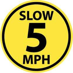 NMC - Slow 5 MPH, Anti-Skid Pressure-Sensitive Vinyl Floor Sign - Round, Black on Yellow, Adhesive Backed, For Security & Admittance - USA Tool & Supply