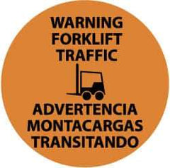 NMC - Warning Forklift Traffic, Anti-Skid Pressure-Sensitive Vinyl Floor Sign - Round, Black on Orange, Adhesive Backed, For Accident Prevention - USA Tool & Supply