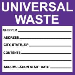 NMC - Hazardous Materials Label - Legend: Universal Waste, English, Black, White & Purple, 6" Long x 6" High, Sign Muscle Finish - USA Tool & Supply