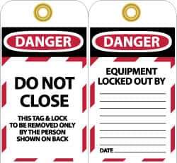 NMC - 3" High x 6" Long, DO NOT CLOSE, English Safety & Facility Lockout Tag - Tag Header: Danger, 2 Sides, Black, Red & White Unrippable Vinyl - USA Tool & Supply