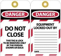 NMC - 3" High x 6" Long, DO NOT CLOSE, English Safety & Facility Lockout Tag - Tag Header: Danger, 2 Sides, Black, Red & White Unrippable Vinyl - USA Tool & Supply