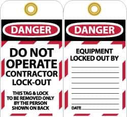 NMC - 3" High x 6" Long, DO NOT OPERATE CONTRATOR LOCK OUT, English Safety & Facility Lockout Tag - Tag Header: Danger, 2 Sides, Black, Red & White Unrippable Vinyl - USA Tool & Supply