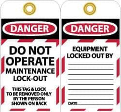 NMC - 3" High x 6" Long, DO NOT OPERATE MAINTENANCE LOCKOUT, English Safety & Facility Lockout Tag - Tag Header: Danger, 2 Sides, Black, Red & White Unrippable Vinyl - USA Tool & Supply