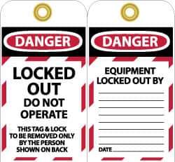 NMC - 3" High x 6" Long, LOCKED OUT - DO NOT OPERATE, English Safety & Facility Lockout Tag - Tag Header: Danger, 2 Sides, Black, Red & White Unrippable Vinyl - USA Tool & Supply