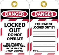 NMC - 3" High x 6" Long, LOCKED OUT - DO NOT OPERATE, English Safety & Facility Lockout Tag - Tag Header: Danger, 2 Sides, Black, Red & White Unrippable Vinyl - USA Tool & Supply