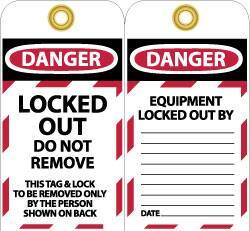 NMC - 3" High x 6" Long, LOCKED OUT - DO NOT REMOVE, English Safety & Facility Lockout Tag - Tag Header: Danger, 2 Sides, Black, Red & White Unrippable Vinyl - USA Tool & Supply