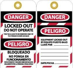 NMC - 3" High x 6" Long, DANGER - LOCKED OUT - DO NOT OPERATE - THIS TAG & LOCK TO BE REMOVED ONLY BY THE PERSON SHOWN ON BACK, English & Spanish Safety & Facility Lockout Tag - Tag Header: Danger, 2 Sides, Black, Red & White Vinyl - USA Tool & Supply