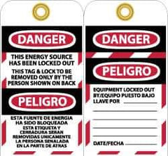 NMC - 3" High x 6" Long, DANGER - THIS ENERGY SOURCE HAS BEEN LOCKED OUT - THIS TAB & LOCK TO BE REMOVED ONLY BY THE PERSON SHOWN ON BACK, English & Spanish Safety & Facility Lockout Tag - Tag Header: Danger, 2 Sides, Black, Red & White Vinyl - USA Tool & Supply