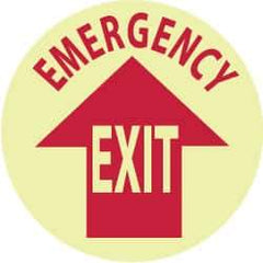 NMC - Emergency Exit, Anti-Skid Polyester Floor Sign - Round, Red on Glow (Yellow), Adhesive Backed, For Exit, Entrance & Directional - USA Tool & Supply