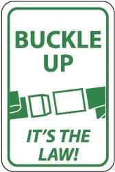 NMC - "Buckle Up - It's the Law", "Buckle", 12" Wide x 18" High, Aluminum Parking Lot Traffic Signs - 0.08" Thick, Green on White, Engineer Grade Reflectivity, Rectangle, Post Mount - USA Tool & Supply