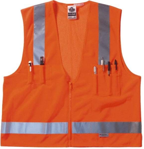 Ergodyne - Size S/M High Visibility Orange Mesh/Solid Surveyor's Vest - 36 to 44" Chest, ANSI/ISEA 107, Zipper Closure, 6 Pockets, Polyester - USA Tool & Supply